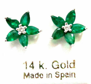 FINE 2.02 TCW Flower Marquise Emerald Gem & Diamond Stud Earrings 14k WG