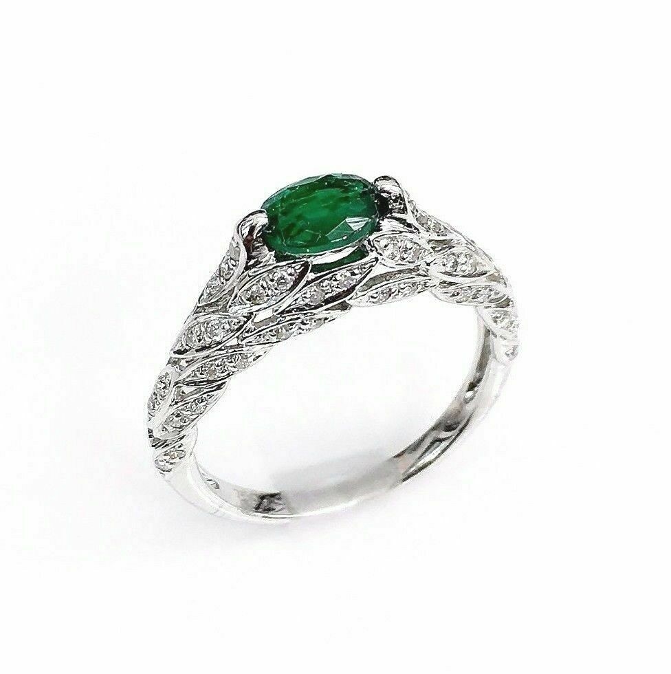 Solid 18K Gold and 0.94 Carat t.w. Diamond and Emerald Olive Branch Ring 3 Sided