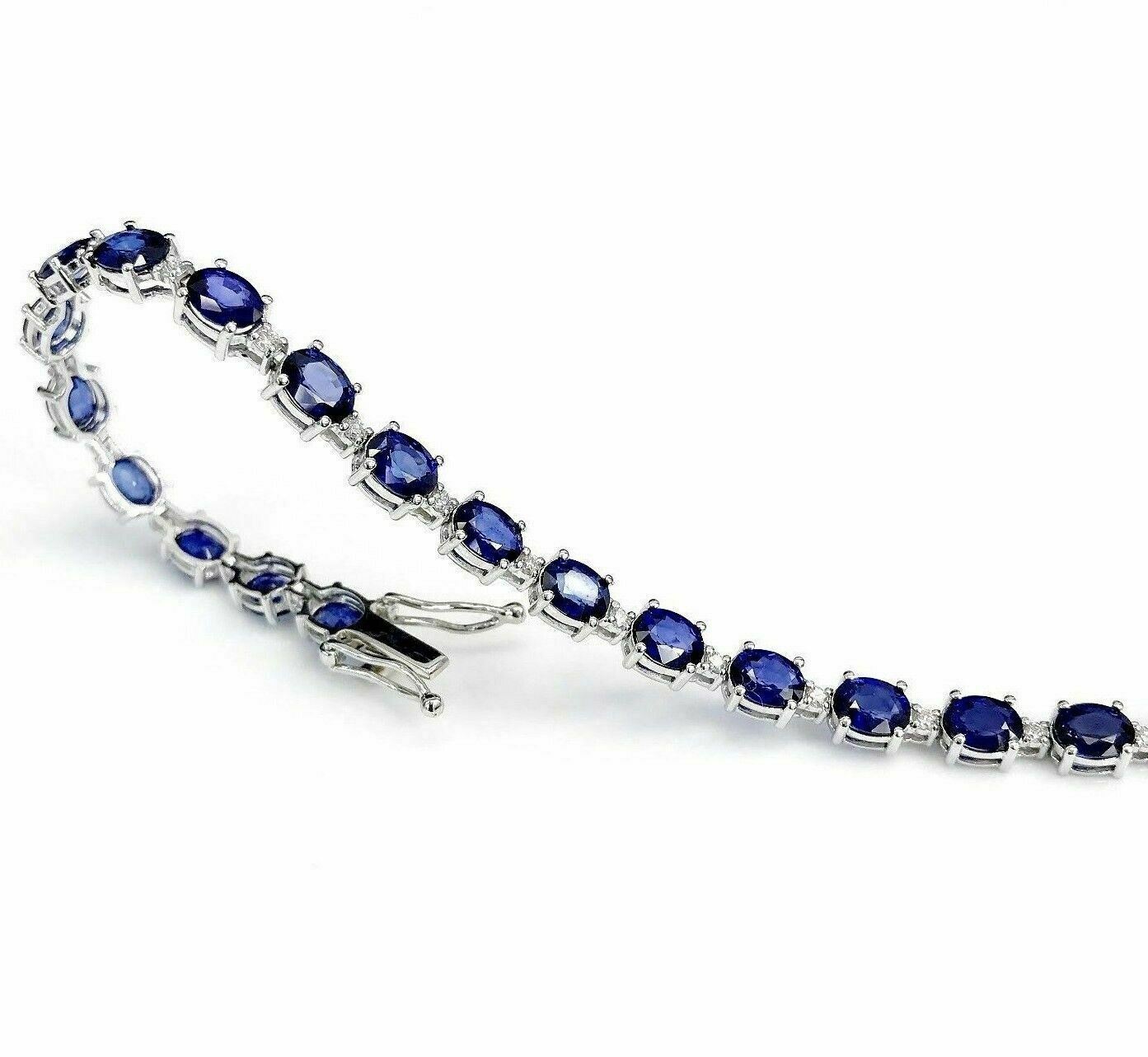 14.50 Carats Blue Sapphire and Diamond Tennis Bracelet 18K White Gold