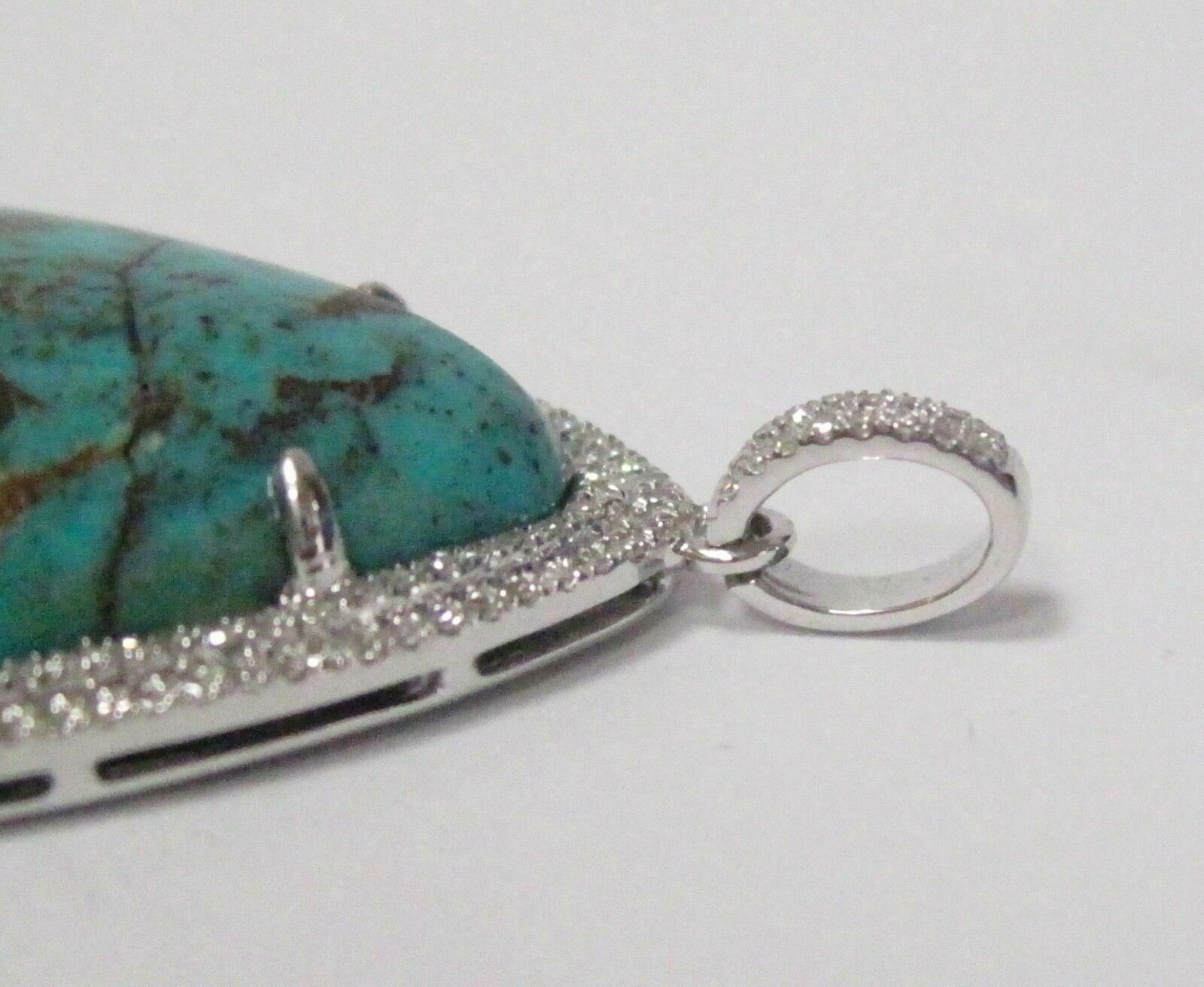 HUGE Pear-Shaped Turquoise with Side Diamonds Pendant 14K White Gold