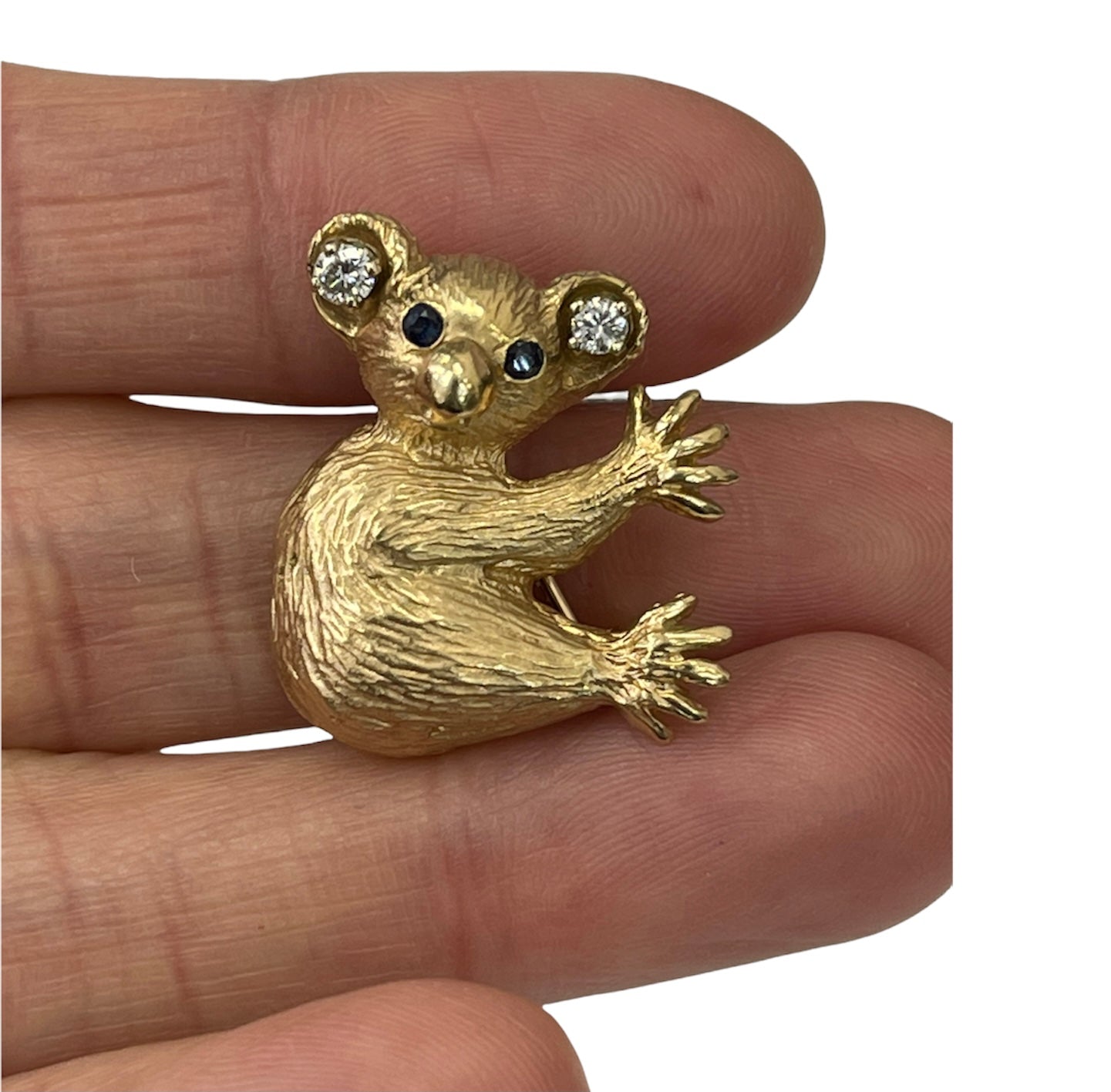 Koala Bear Pin Brooch with Diamond and Sapphire Accents Yellow Gold