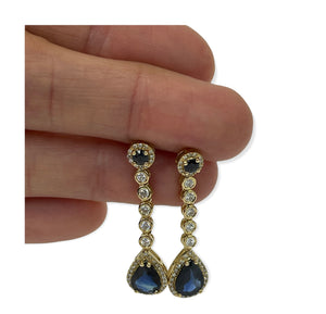 Sapphire Gem Pear Diamond Drop Earrings Yellow Gold 14kt