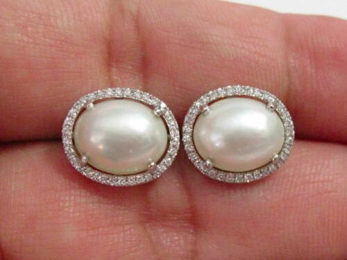 4.34 TCW White Pearl w/ Diamond Accents Stud Earrings Push Back 14k White Gold