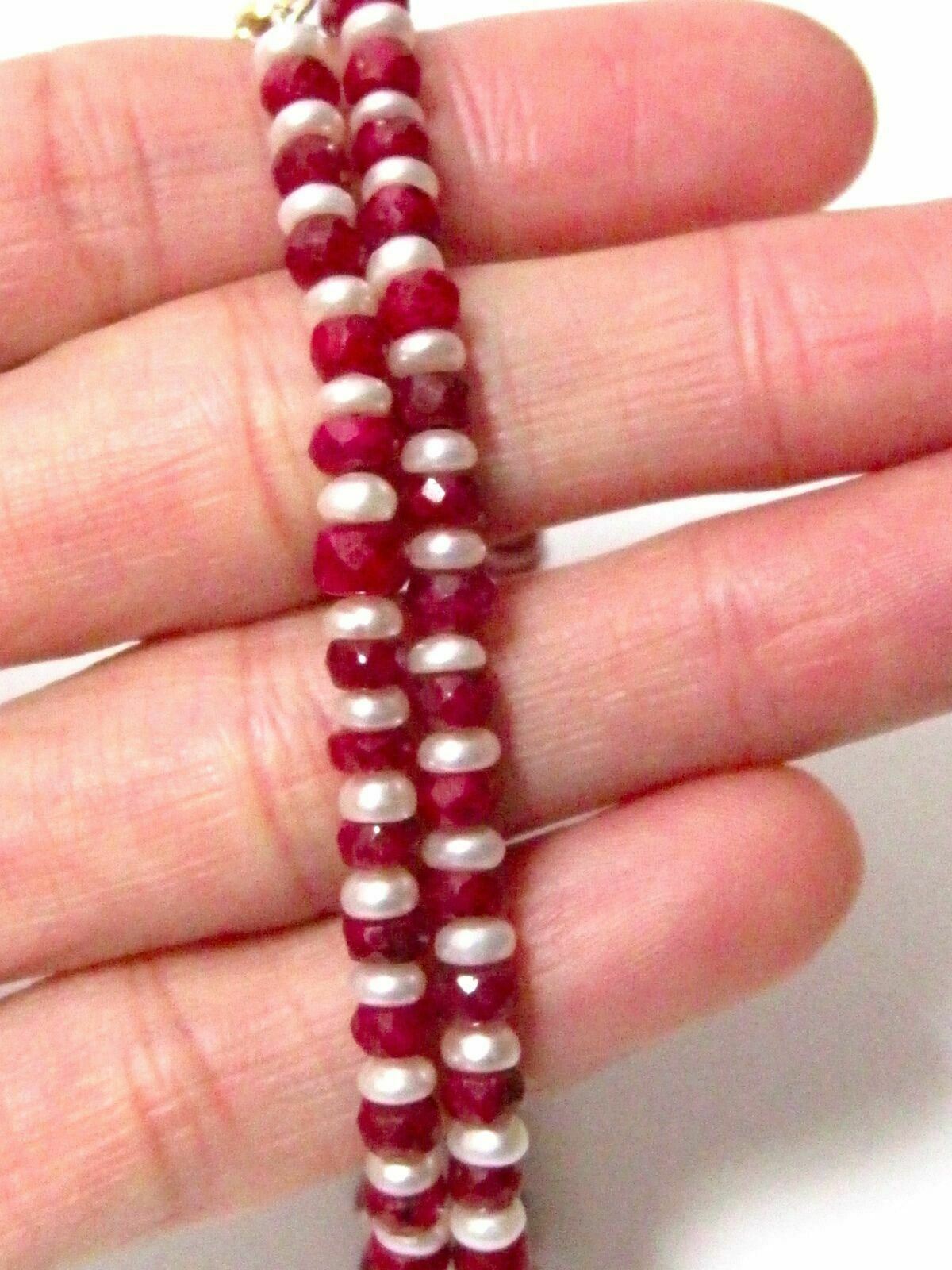83 TCW Natural White Pearl & Red Ruby String/Strand Necklace 17 inches 14k Gold