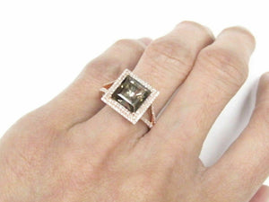 3.80 TCW Square Smoked Green Tourmaline & Diamond Ring 14k Rose Gold Size 6.5