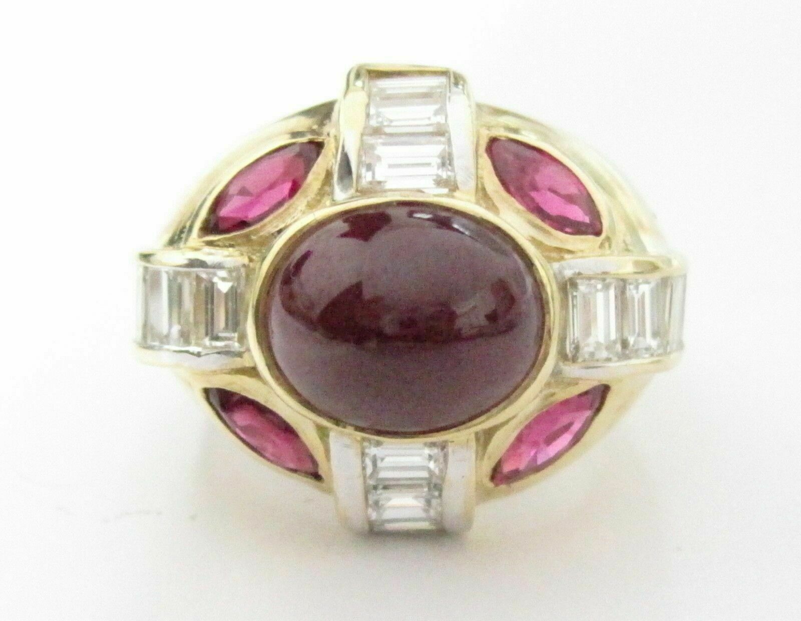 9.50 TCW Marquise, Oval and Baguette Ruby Diamond Ring Size 6.5 18k Yellow Gold