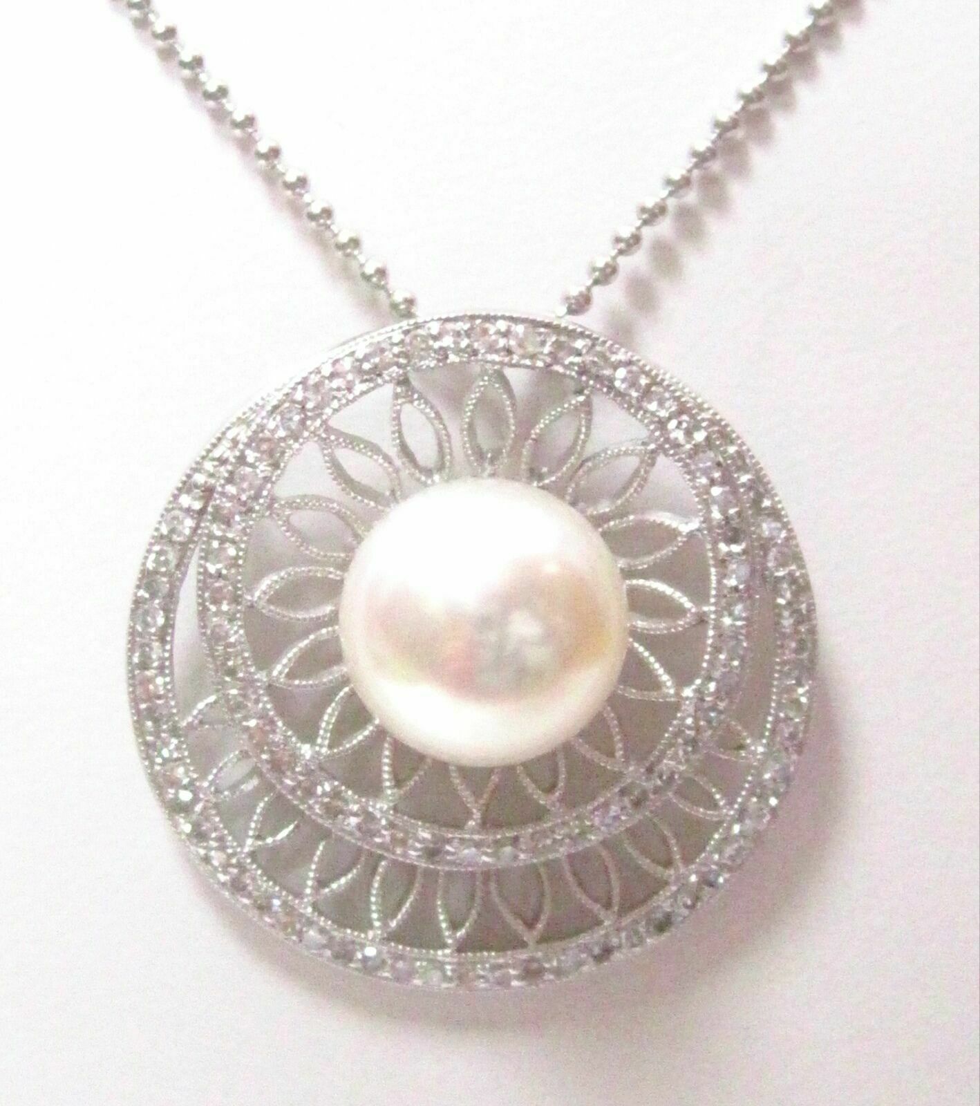 Fine Double-Hoop White Pearl & Diamonds Pendant Necklace 14k White Gold 20" Long