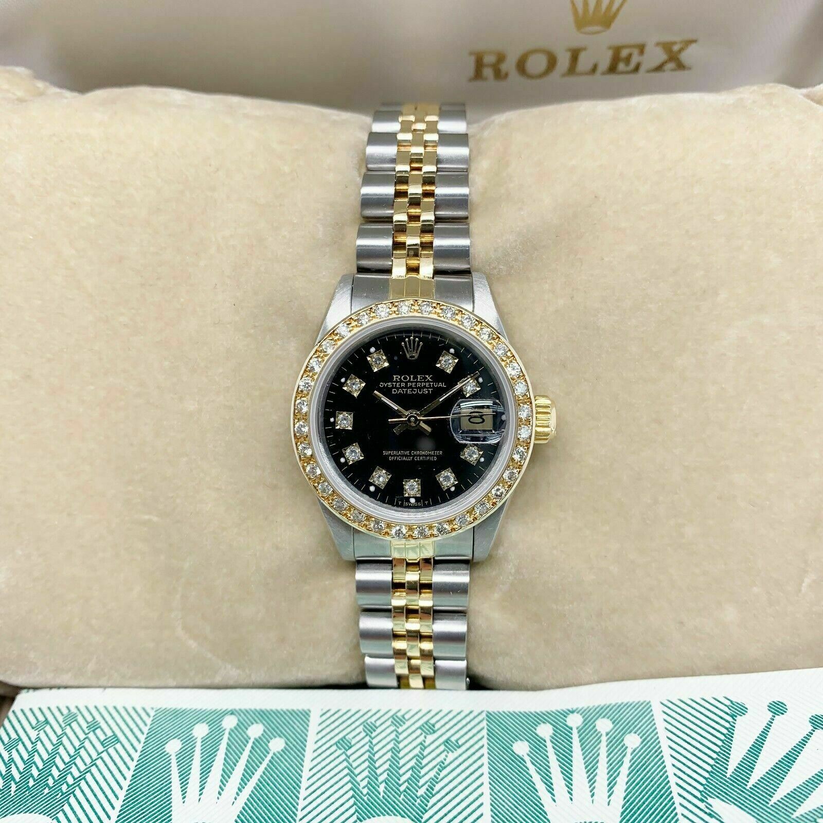 Rolex 26 MM Lady Datejust 18 Karat Yellow Gold Steel Watch Ref #61973 Box Papers