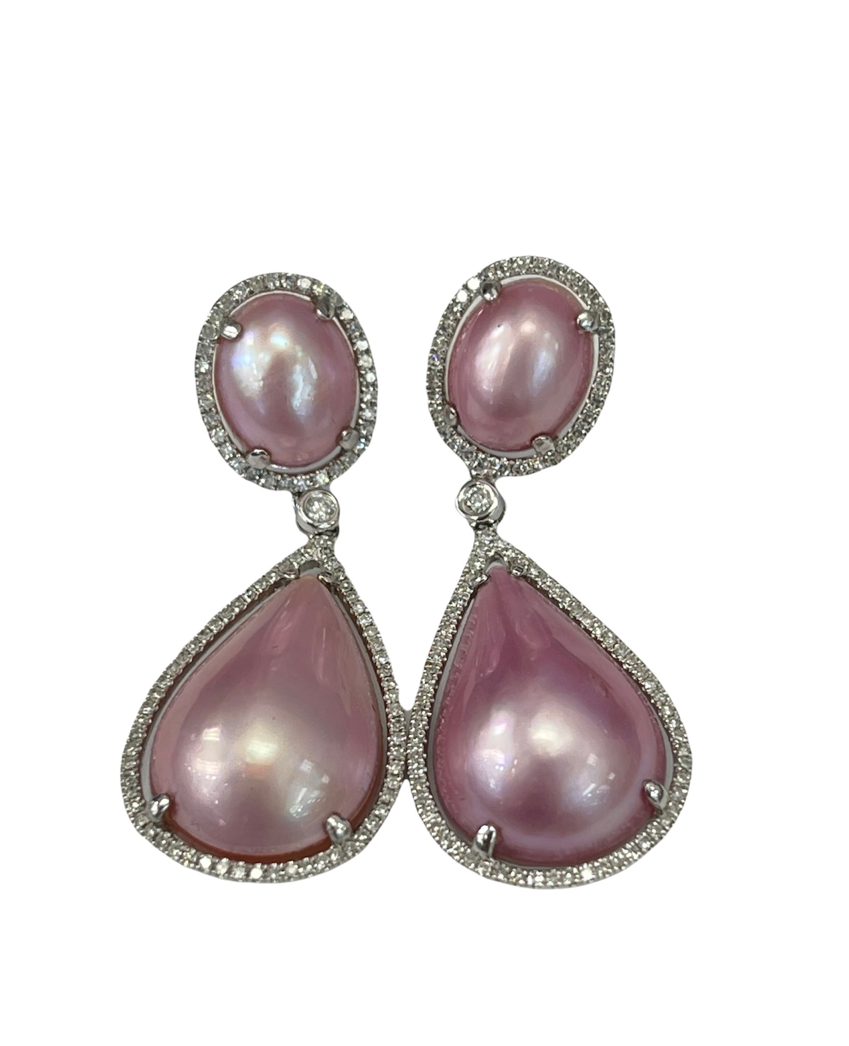 Pink Mabe Pearl Diamond Dangle Earrings White Gold 14kt
