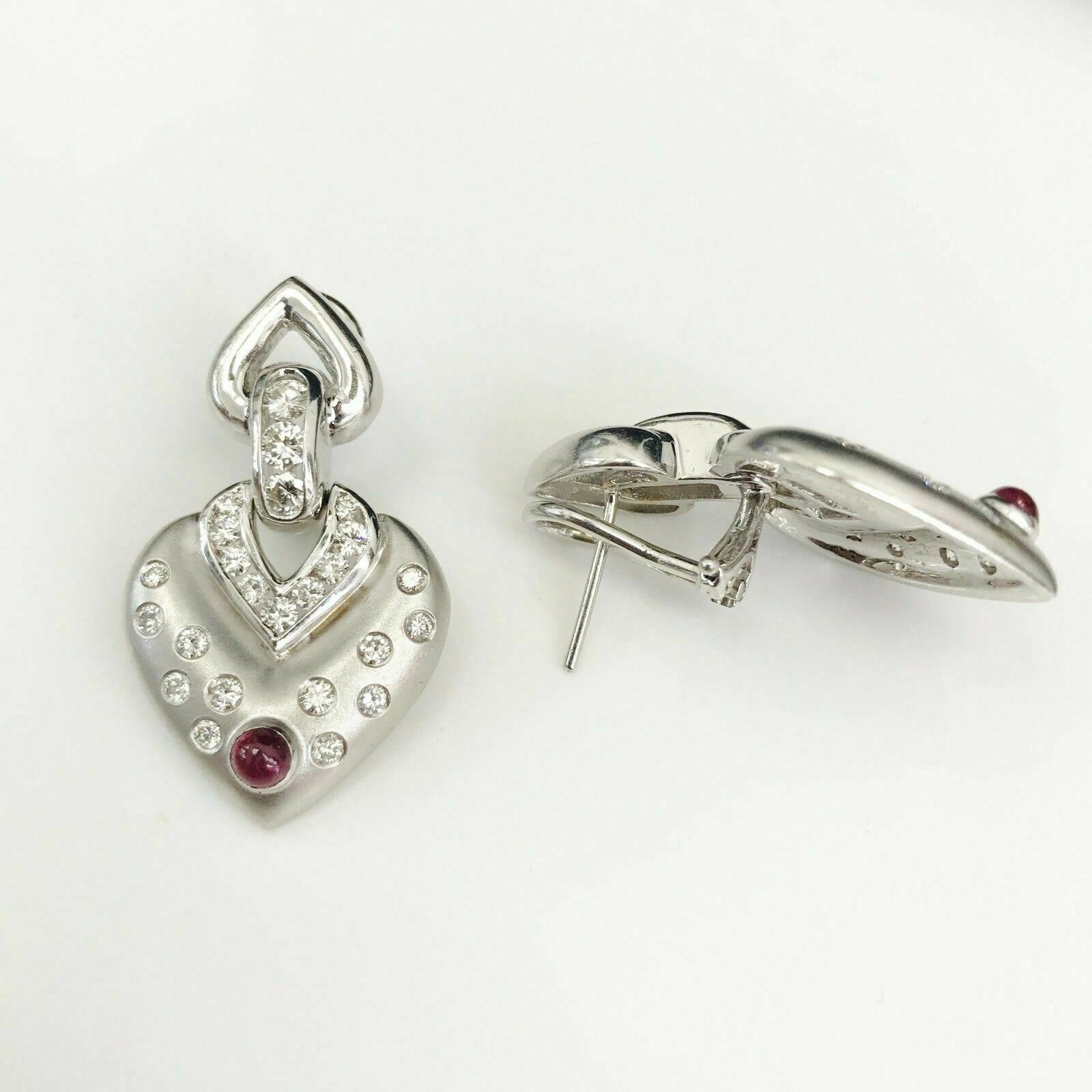 1.75 ct Diamond and Ruby Heart Drop Earrings in 14K White Gold