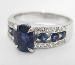 2.84 Natural Blue Sapphire & Diamond Accents Ring Size 8 18k White Gold