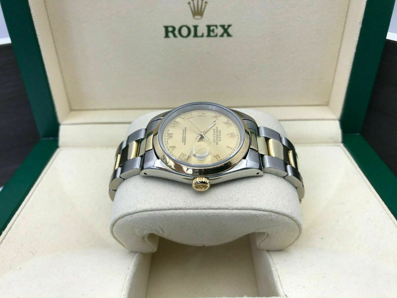 Rolex Datejust 36mm 18k Gold and Steel Watch Roman Dial Smooth Bezel 16233