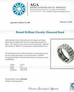 3.25 Carats Double Row Round Eternity Platinum Diamond Ring w Hand Engraving
