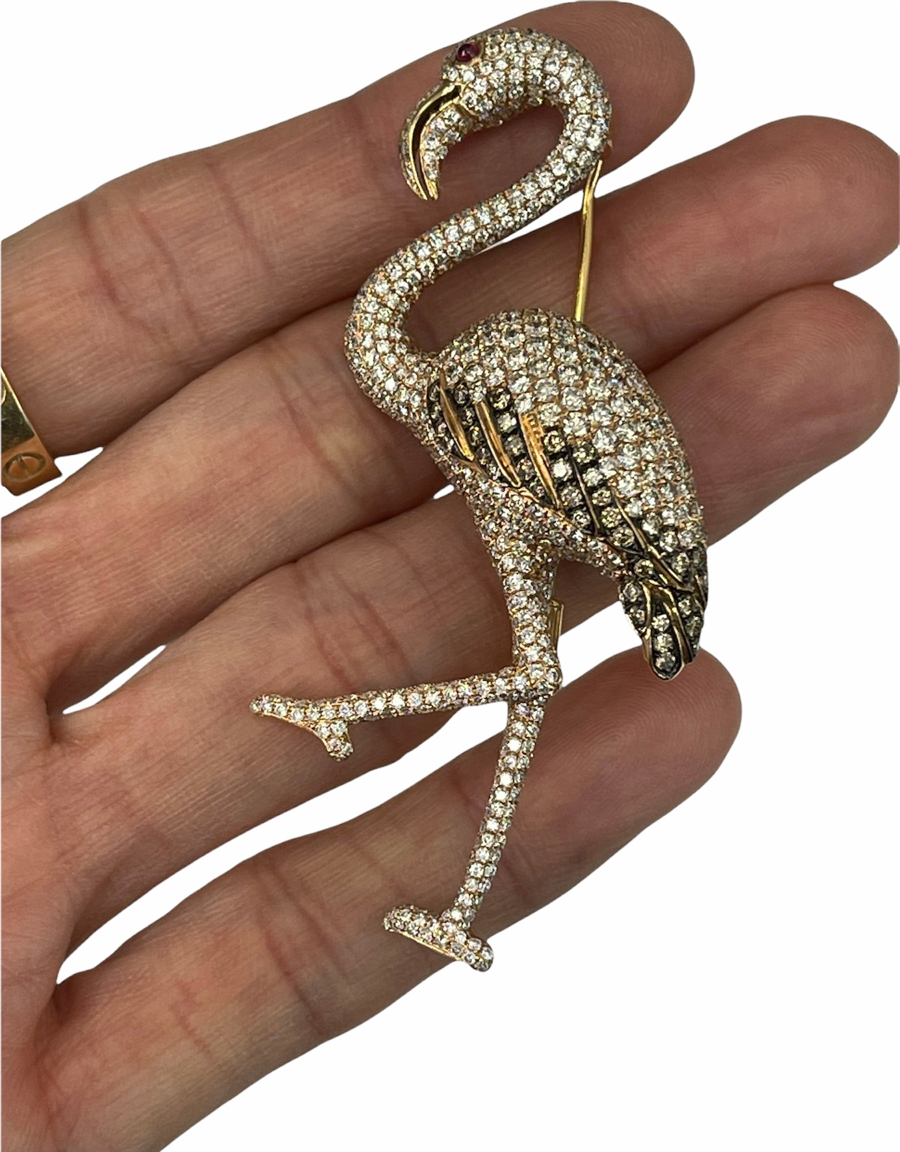 Brooch Pin Animal Ostrich Round Brilliants Diamonds Yellow Gold