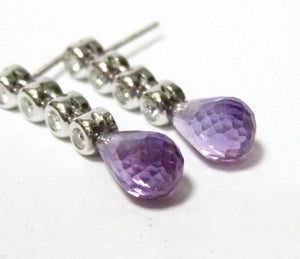 4.12 TCW Natural Pear Drop Purple Amethyst & Diamond Drop Earrings 14k WhiteGold