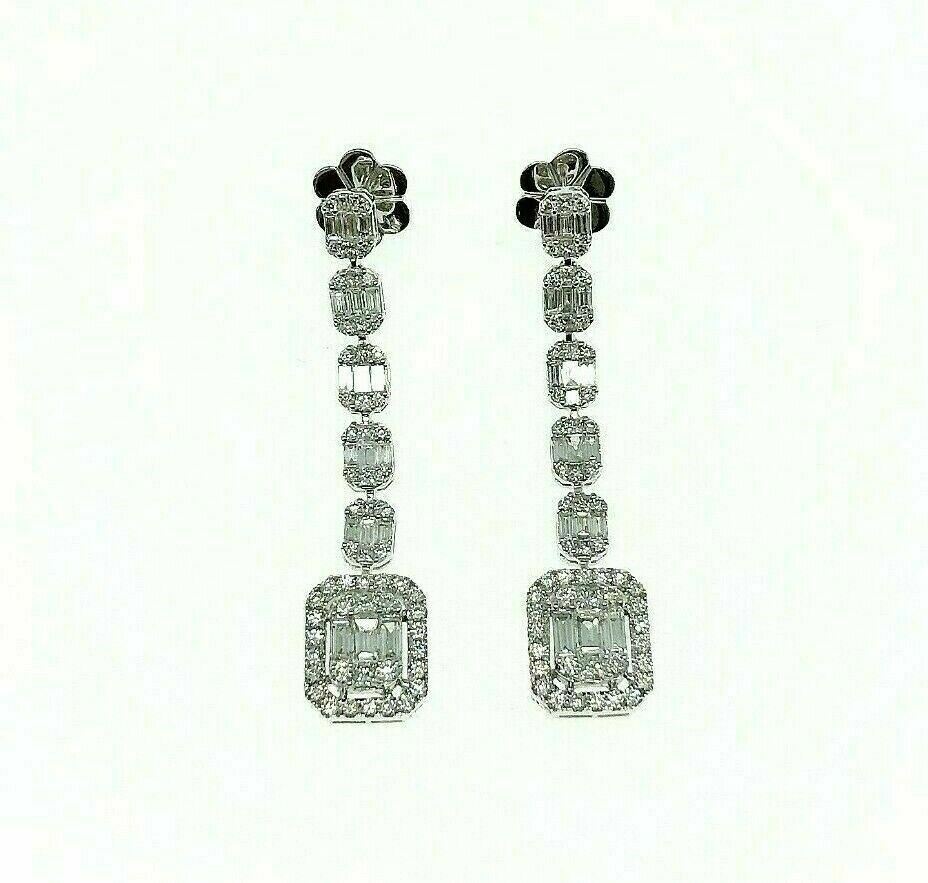 3.15 Carats Round and Baguette Diamond Halo Dangle Earrings 18K 1.85 Inch Drop