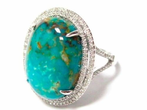 13.51 TCW Oval Turquoise & Diamond Accents Solitaire Ring Size 7 14k White Gold