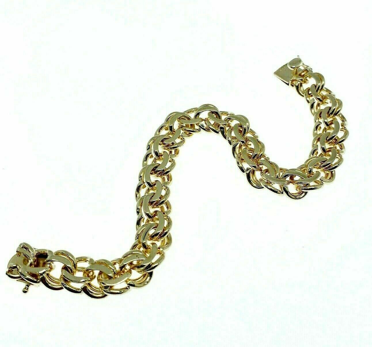 14K Yellow Gold Heavy Duty Charm Bracelet 10.8 MM Width 46 Grams 7.50 Inches