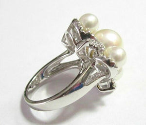 Fine Natural White Pearl & Diamond Cluster Cocktail Ring Size 7 18k White Gold