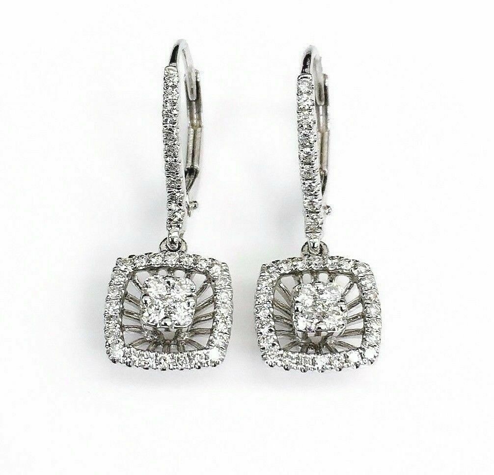 0.58 Carat t.w. Diamond Halo Dangle Earrings 18 Karat White Gold Brand New