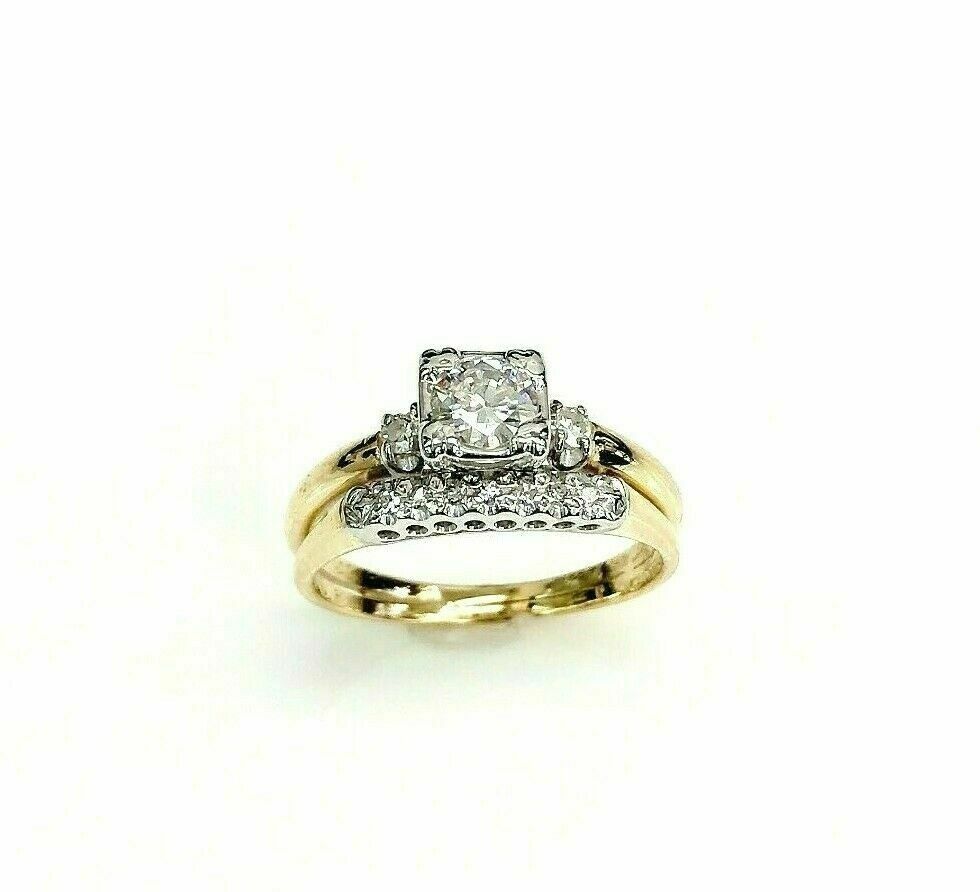 Antique 0.64 Carat t.w. Old Euro Diamond Wedding/Engagement Set 14K Gold 1950's