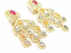 11.09 TCW Round Diamonds & Sapphires Chandelier Earrings H SI-1 18k Yellow Gold