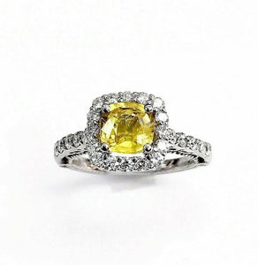 1.92 Carats t.w. Diamond and Yellow Sapphire Halo 14K Gold and 3 Sided Ring New