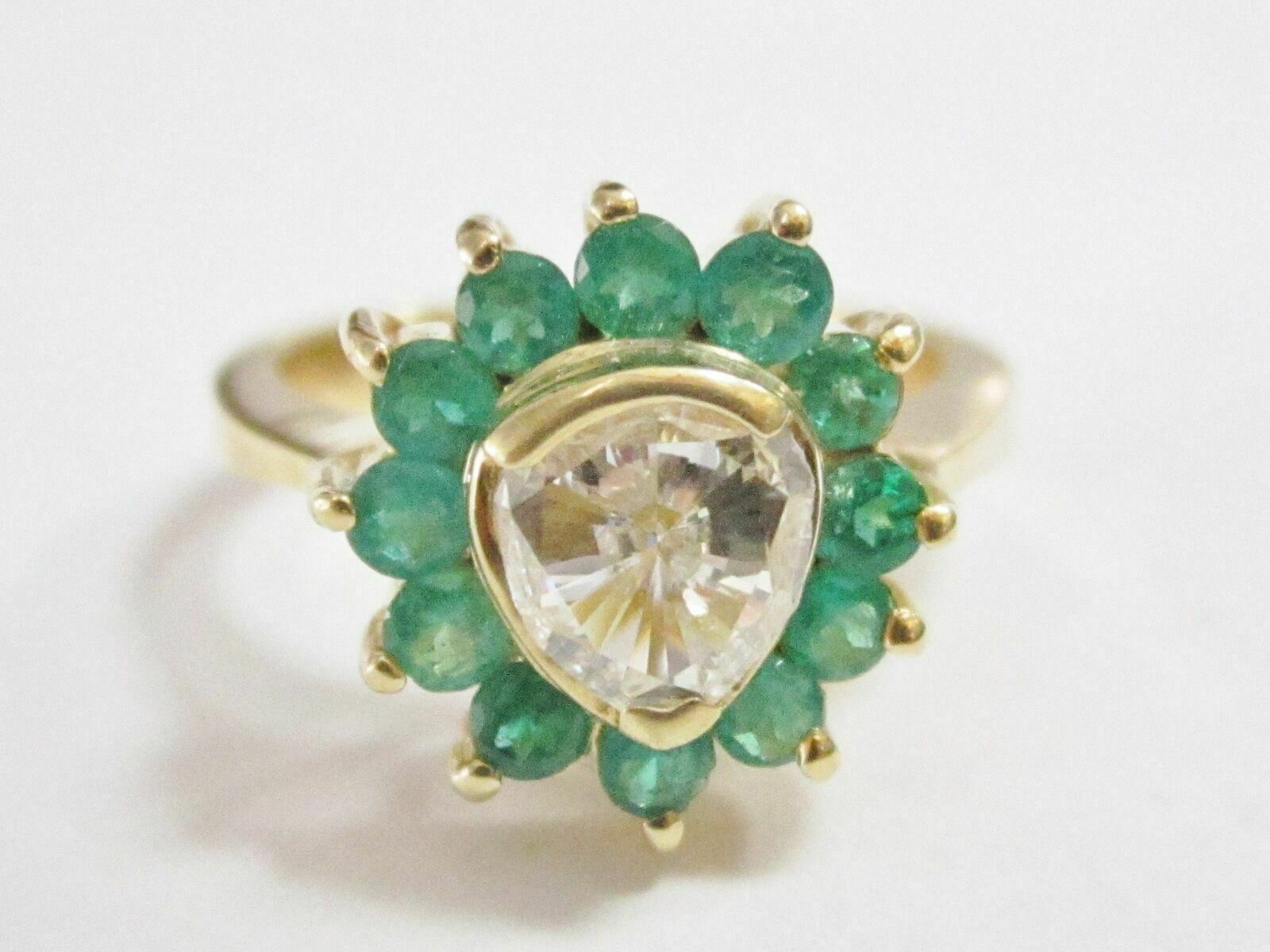 Natural Old European Cut Diamond & Natural Green Emerald Accents Ring Size 7 18k