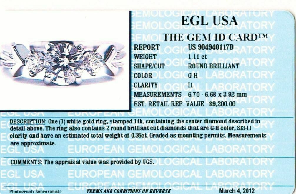 1.47 Carats t.w. Diamond Wedding/Engagement Ring EGL USA 1.11 Center Diamond 14K