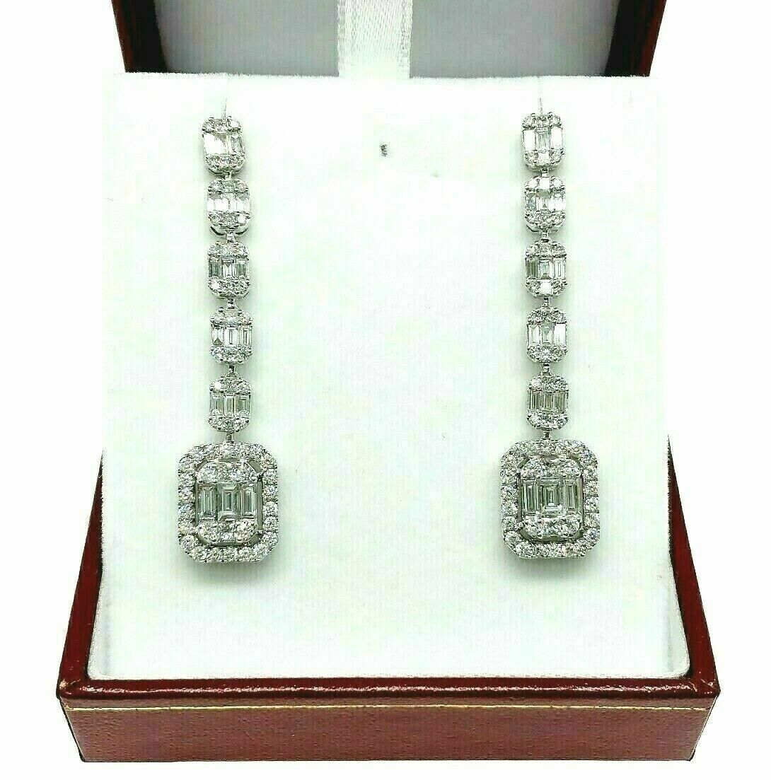 3.15 Carats Round and Baguette Diamond Halo Dangle Earrings 18K 1.85 Inch Drop