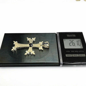 2.02 Carats Custom Made Sapphire & Diamond Cross Pendant 14K Gold 2.75 x 1.50 IN