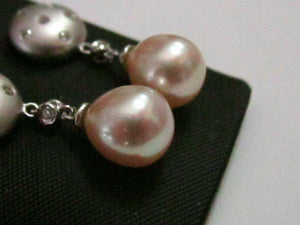 Peach Pearls & Diamonds Chandelier Drop/Dangle Earrings Push Back 14k White Gold