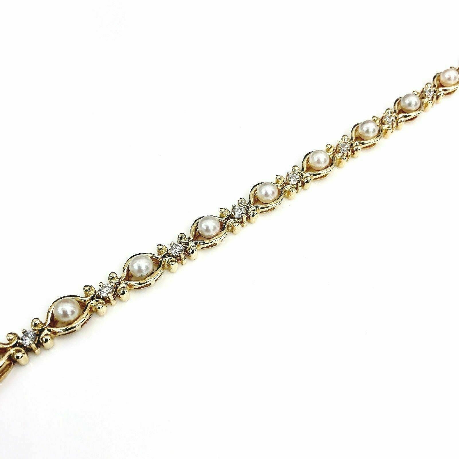 14K Yellow Gold Cultured Pearl Wedding Tennis Bracelet 22.6 Grams