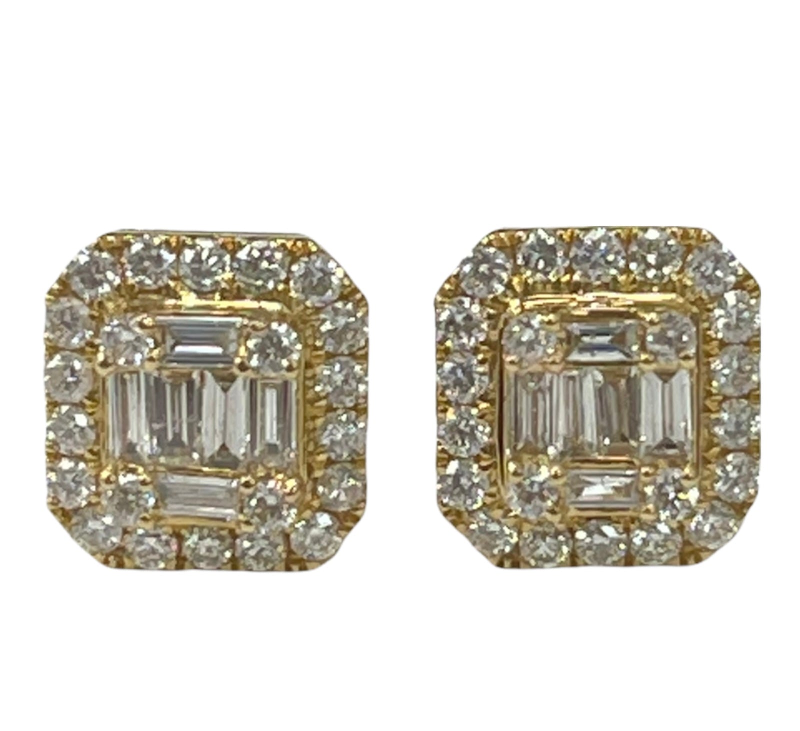 Baguettes Square Cluster Diamond Earrings Yellow Gold