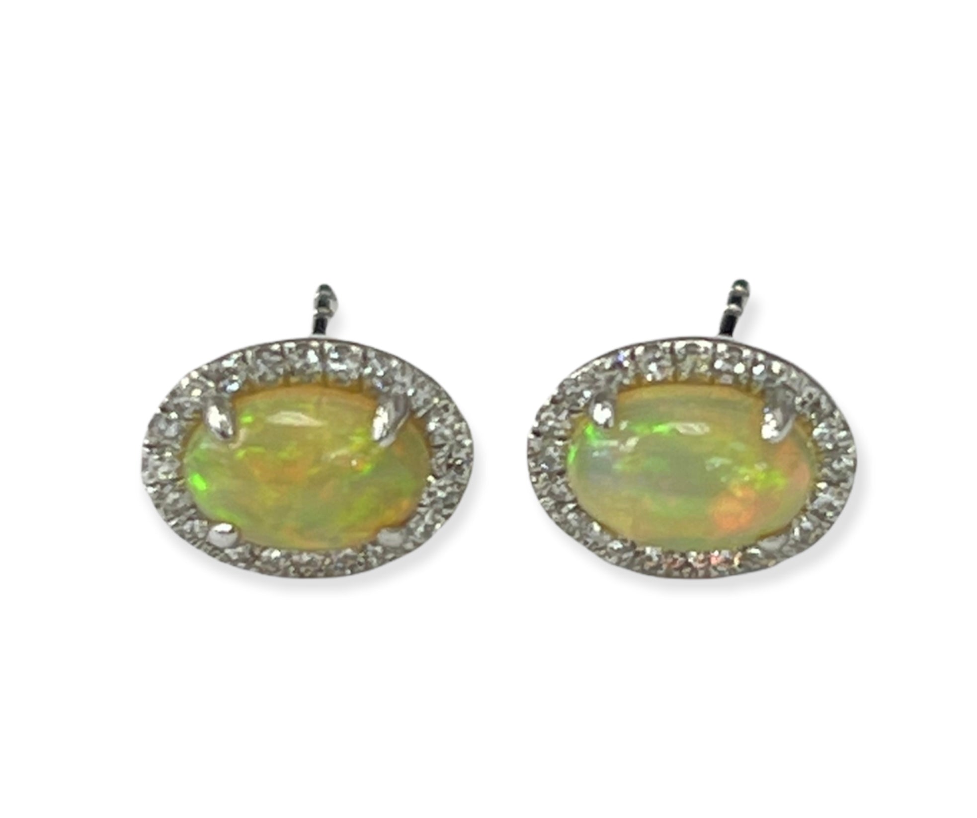 Opal Gem Stud Oval Diamond Earrings White Gold 14kt