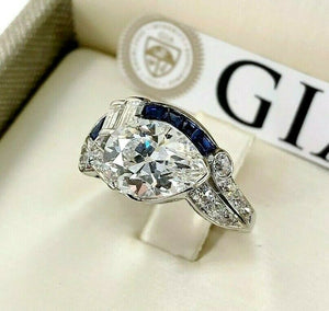 3.46 Carats Antique GIA Pear and Sapphire Engagement Ring 2.55 F VVS1 Center