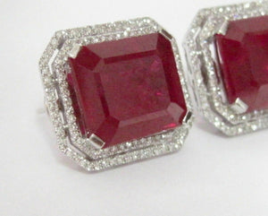 24.02 TCW Radiant Red Ruby & Diamond Accents Stud Earrings 18k White Gold