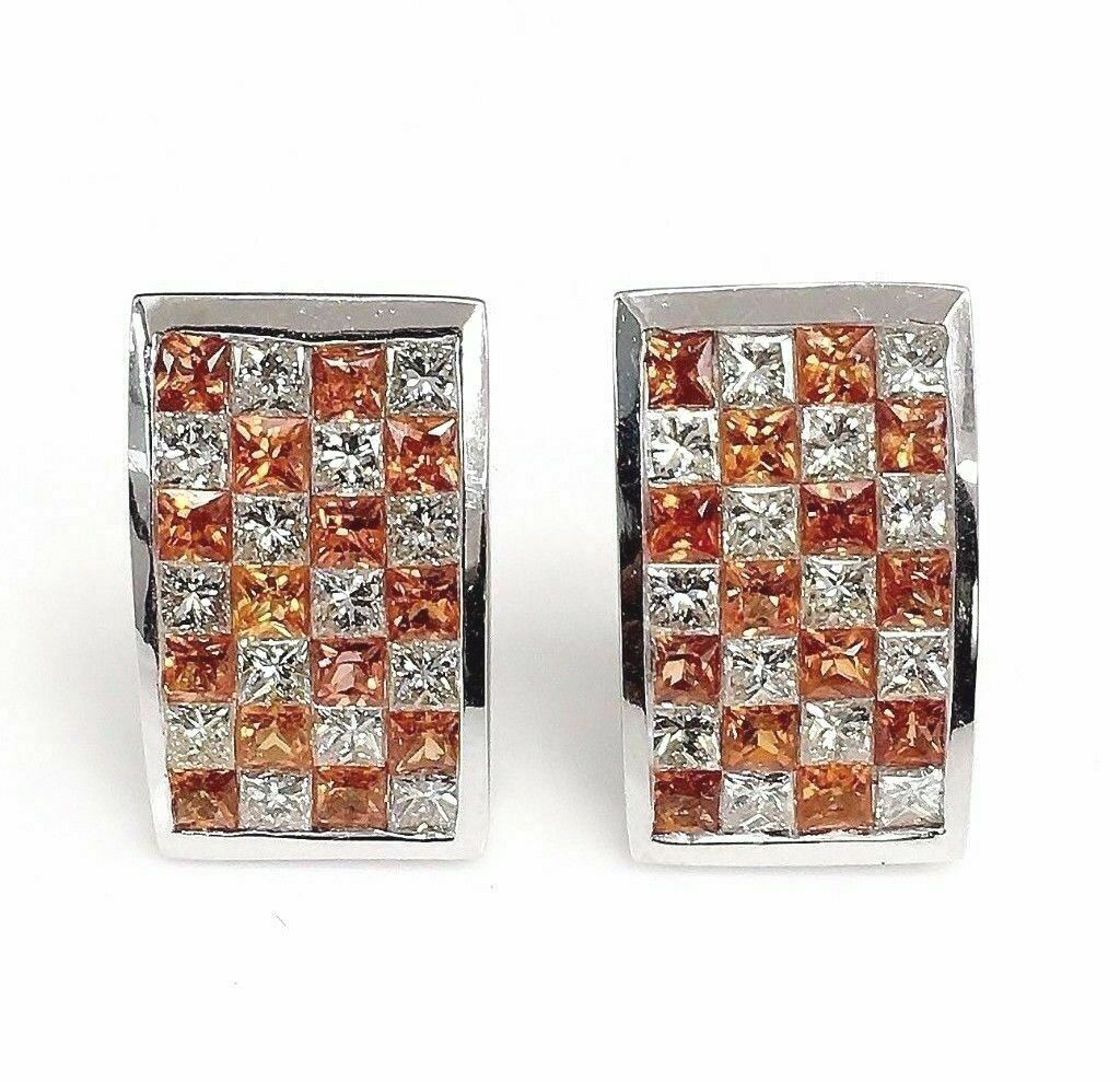 5.69 Carats t.w. Diamond and Orange Sapphire Earrings 14K Gold Invisible Set New