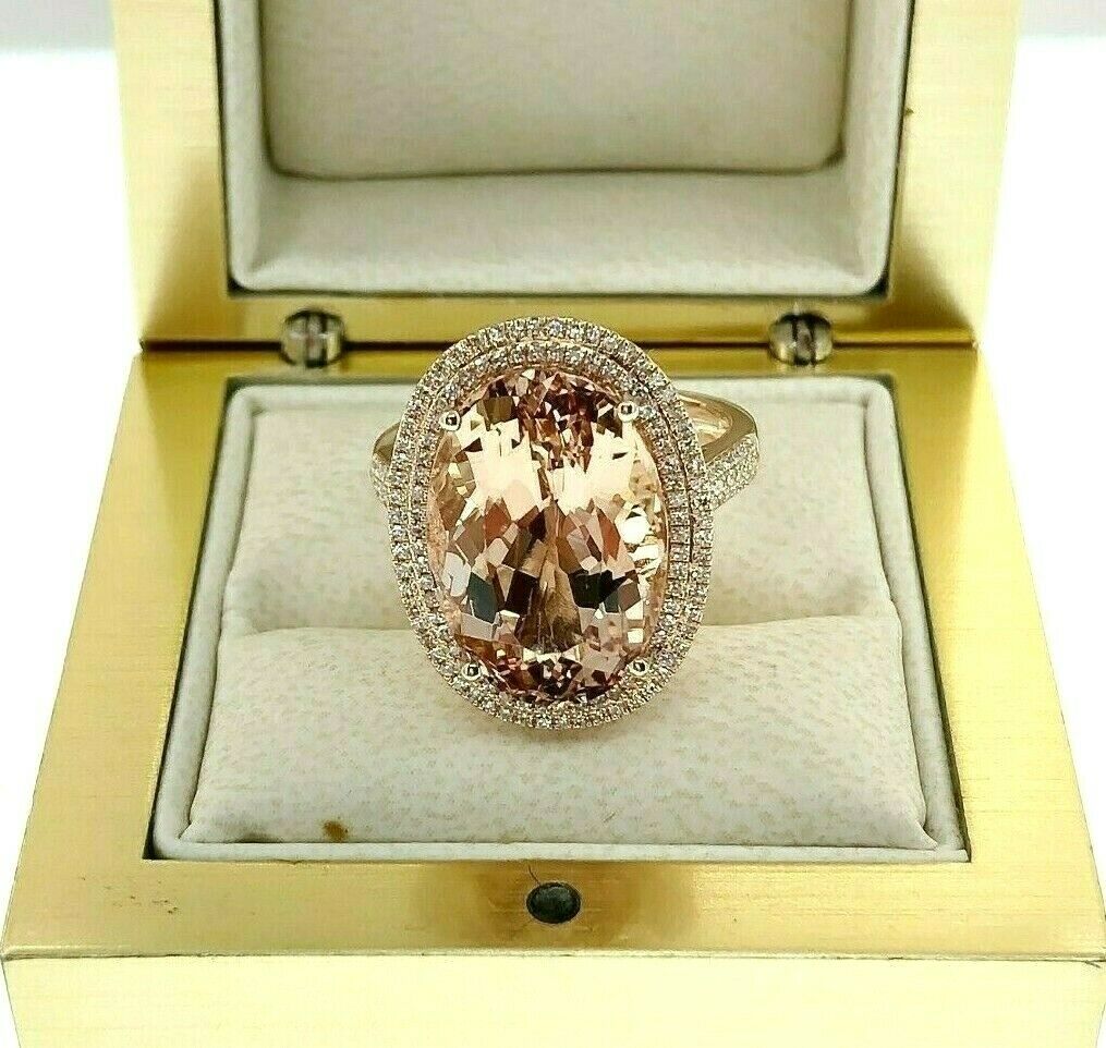 10.565 Carats Diamond and Oval Morganite Halo Celebration Ring 14K Rose Gold New