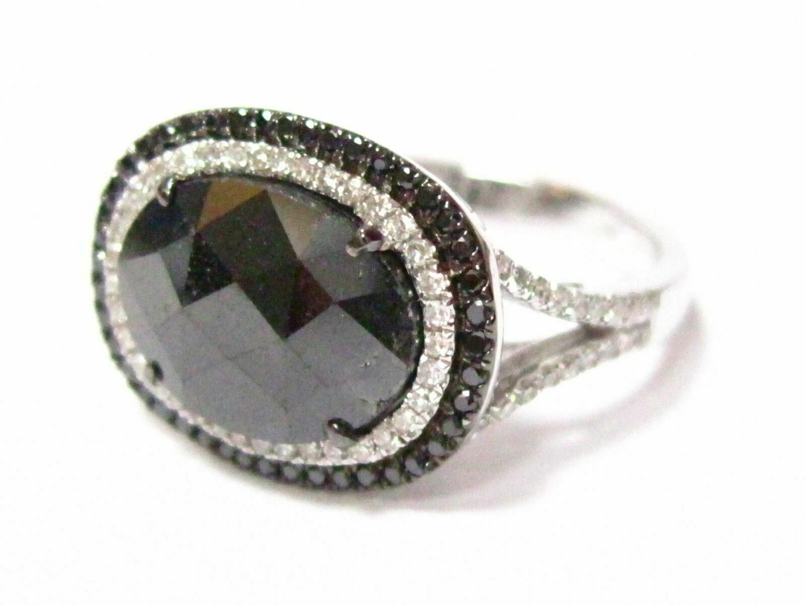 3.46 TCW Natural Oval Black Diamond Cocktail Ring Size 6.5 14k White Gold