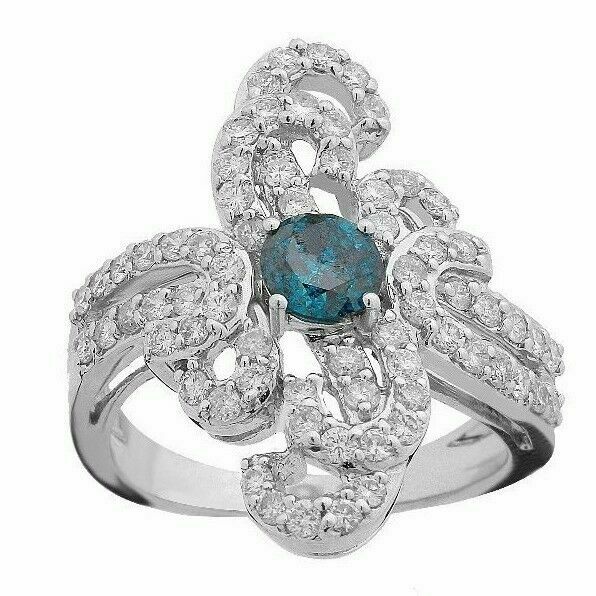 1.70Ct Round Cut Blue Diamond Center & White Accents Floral Style Cocktail Ring