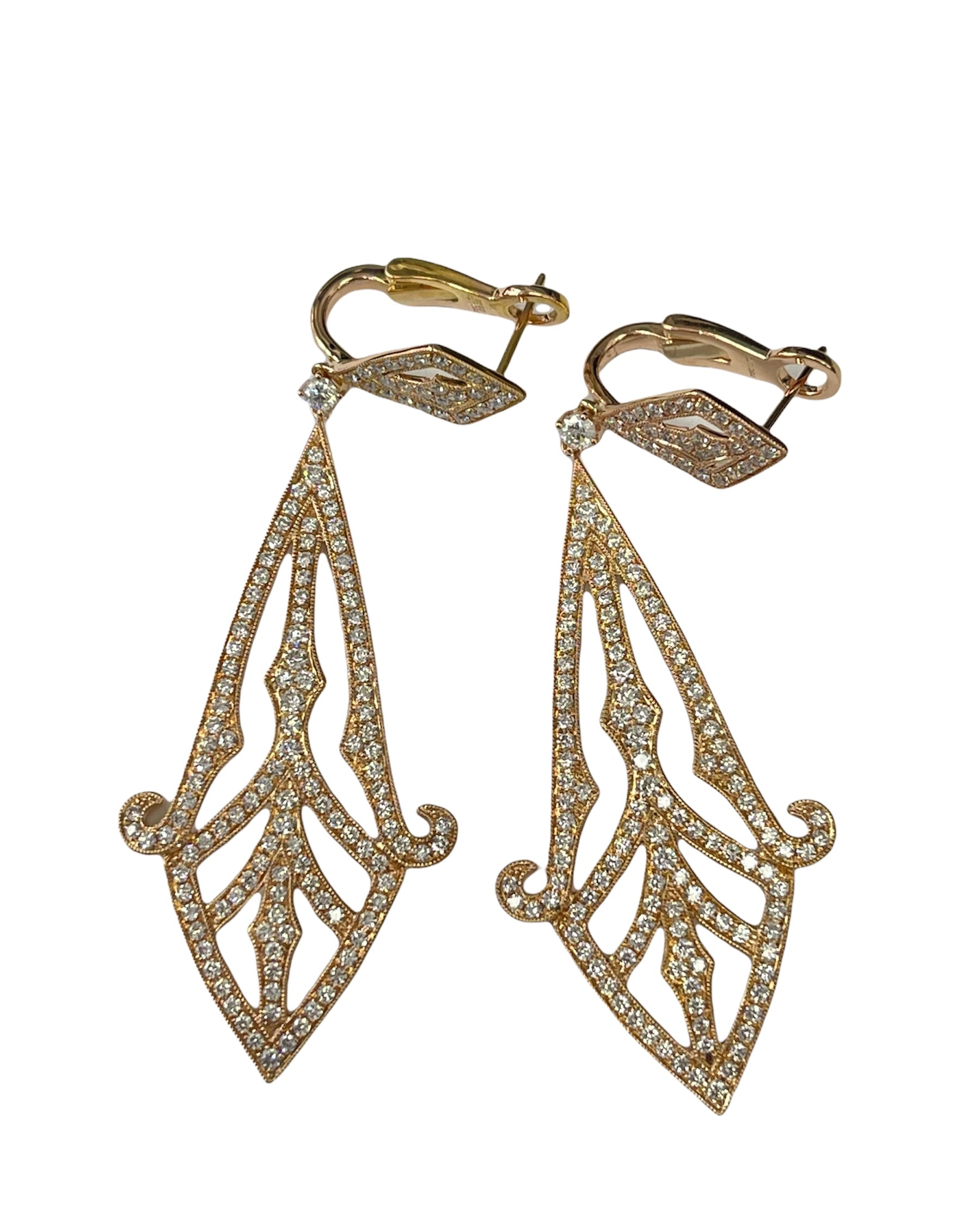 Round Brilliants Victorian Diamond Chandelier Earrings Rose Gold 18kt