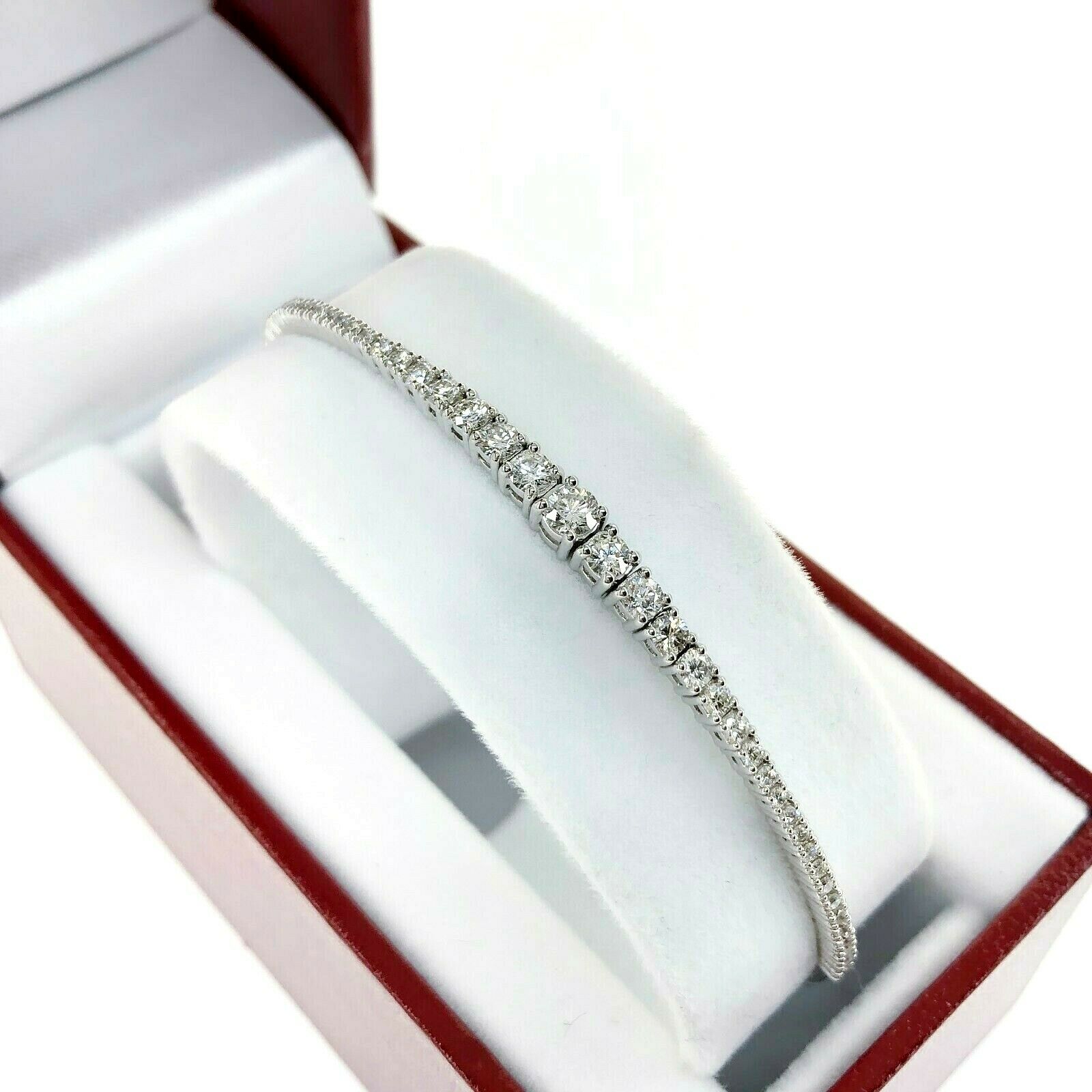1.14 Carats Graduated Round Diamond Soft Flexible Bangle Bracelet 14K White Gold