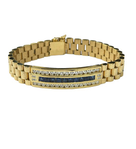 Sapphire Gem and Round Brilliants Unisex Bracelet Yellow Gold