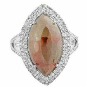4.67Ct Raw/Rustic Rose Cut Marquise Green Diamond w/ Accents Ring 14k White Gold