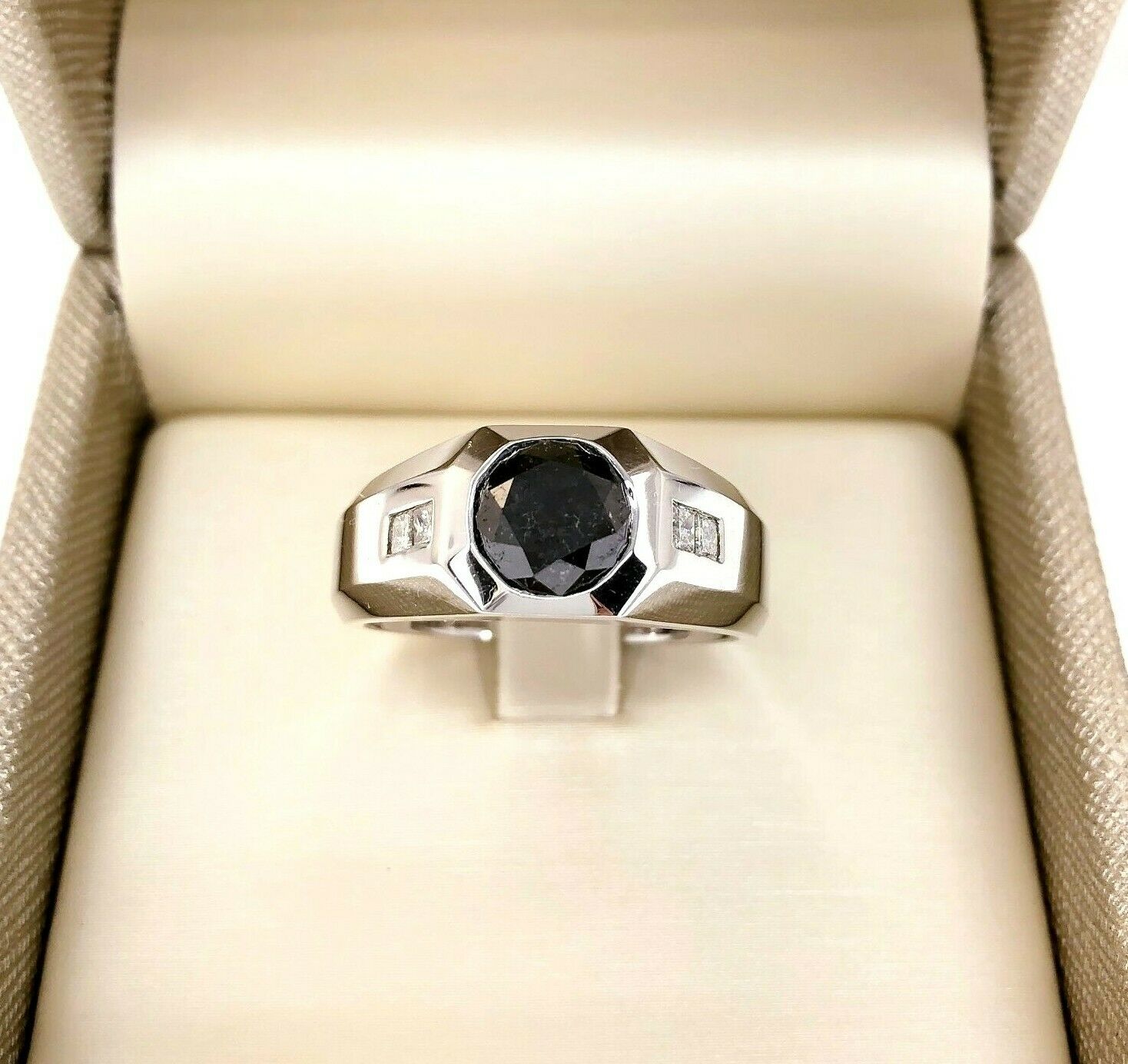 2.60 Carats Mens White and Black Diamond Signet Ring 14KW Gold 2.30 ct Center