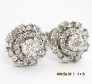 1.48TCW Round Brilliant and Baguettes Diamond Cluster Earrings 18k White Gold