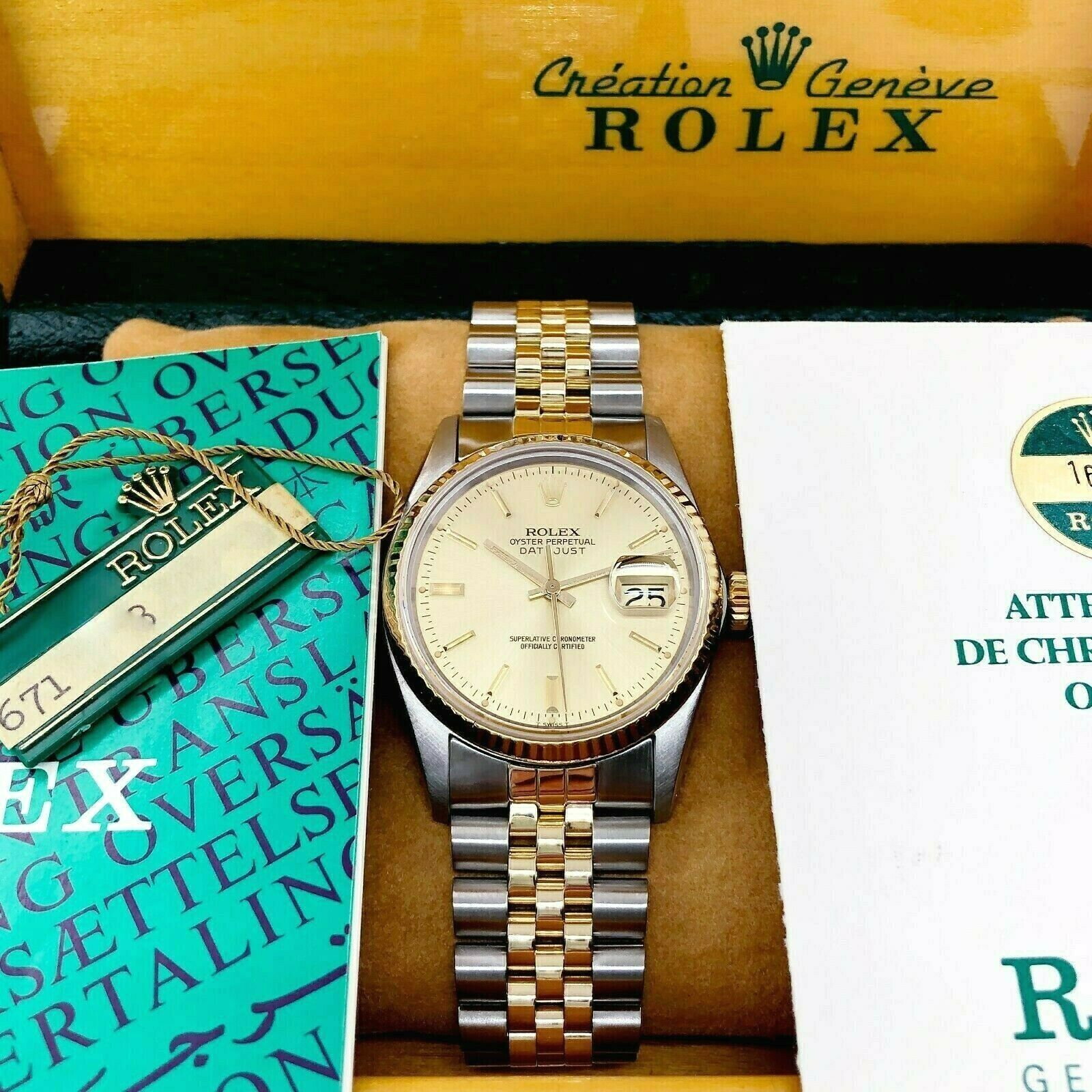 Rolex 36mm Datejust Watch 18K Yellow Gold Stainless Steel Ref 16013 Box & Papers