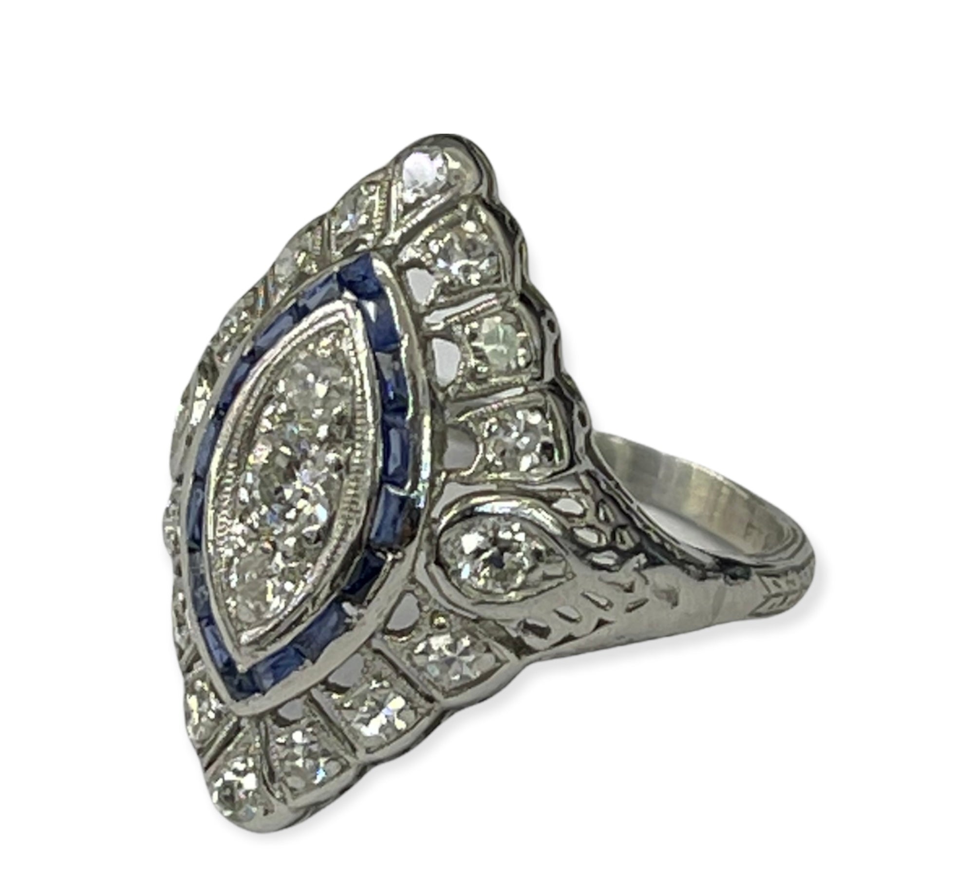 Antique Art Deco Platinum Diamond Ring Round Brilliants with Sapphire Accents