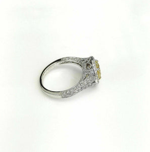 2.10 Carats t.w. Fancy Yellow Diamond Halo 3 Sided Pave Engagement Ring 18k